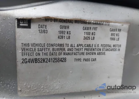 2004 Buick Regal Ls из США, поврежденный, VIN 2G4WB52K241258428